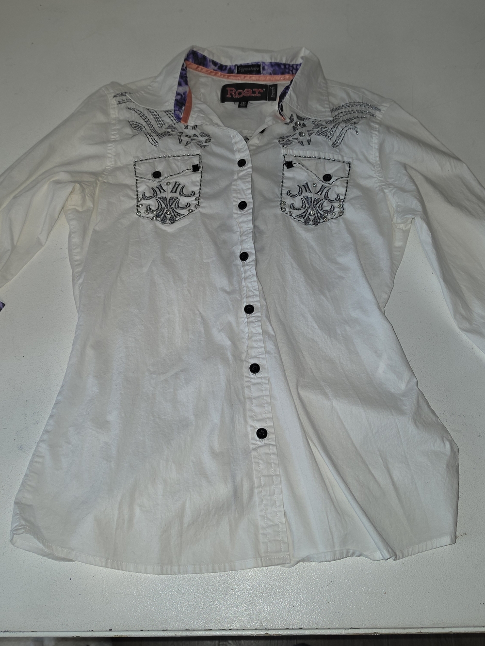 Roar White Embroidered Button-Up Shirt